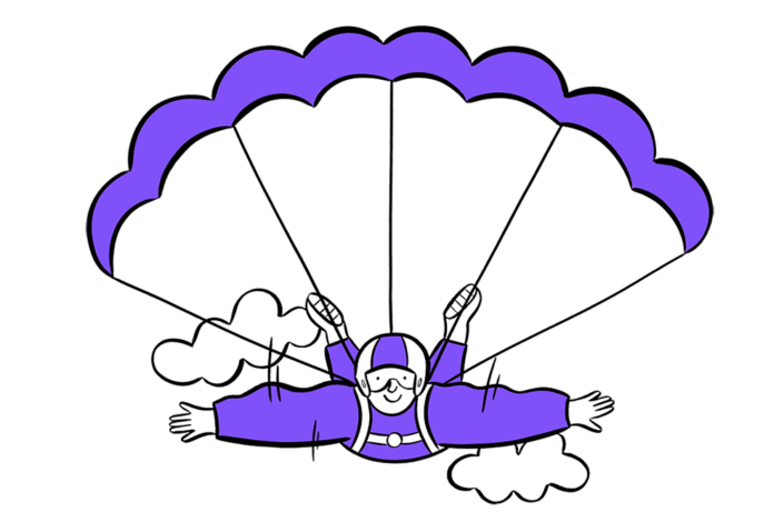 Illustration of a skydiver wearing a purple jumpsuit with a purple and white helmet and a purple parachute with clouds in the background
