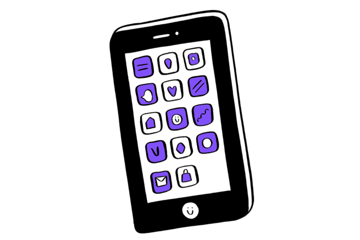 Illustration of a black mobile phone showing different icons which are either purple of white