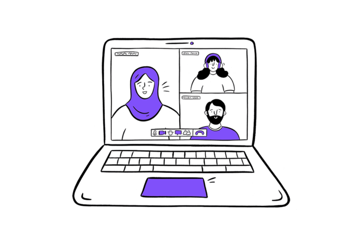 Illustration of a laptop screen showing three people (one male and two females) on a Teams call