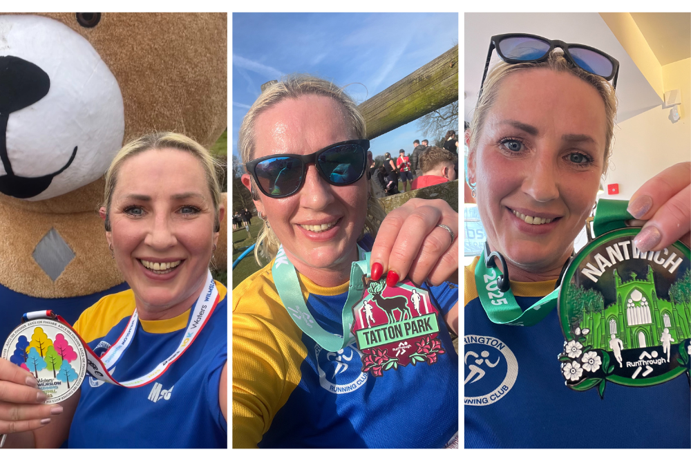 Marie with her medals having completed the Wilmslow, Tatton and Nantwich runs