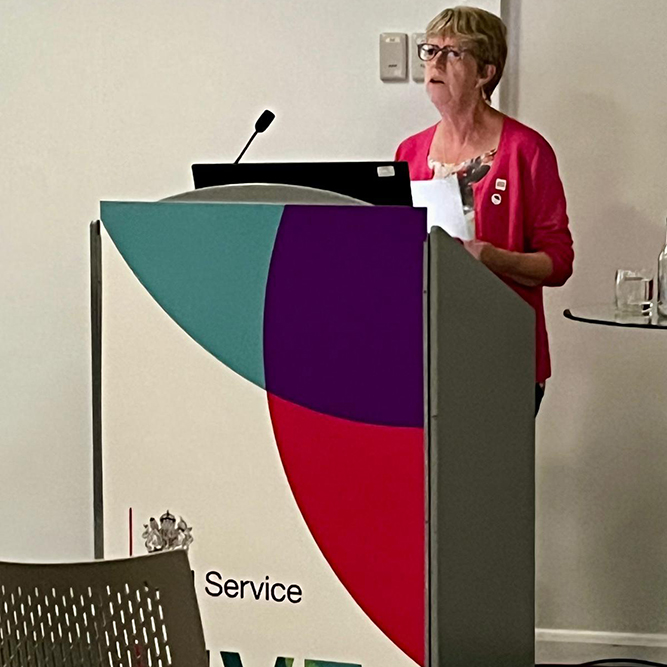 Kath presenting at Civil Service Live 2025 Glasgow
