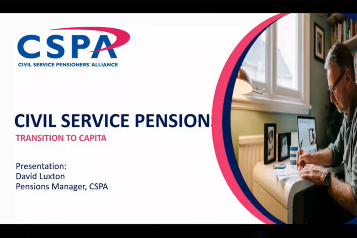 CSPA logo with the words 'Civil Service Pension / Transition to Capita / Presentation: David Luxton Pensions Manager, CSPA' with an image of a middle aged gentleman writing