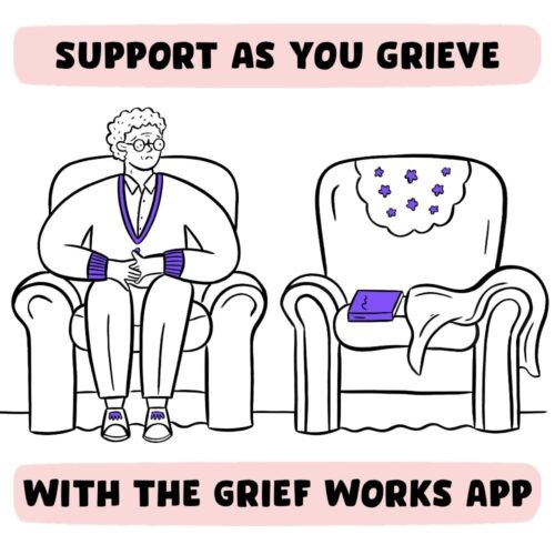Illustration of a sad looking older man sitting on a armchair and looking at the empty armchair next to him below the words 'Support as you grieve' and above the words 'With the Grief Works app'