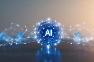 Stock image of a ball of cables surrounded by other cables with the words AI in the middle