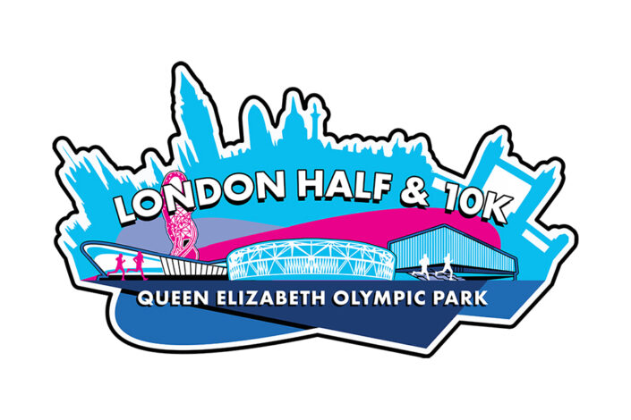 London Half 2027 Presented By TREK logo featuring an illustration of Queen Elizabeth Park in blues, white and pinks with the words 'London half & 10k' / 'Queen Elizabeth Olympic Park'