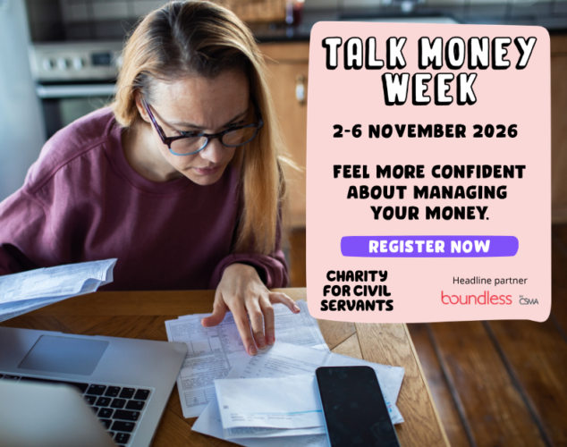 Stock image of a woman in her 30s with long hair and wearing a burgundy jumper looking at financial papers with the wording 'Talk Money Week / 2-6 November / Feel more confident about managing your money / Register now / Headline partner with Boundless'