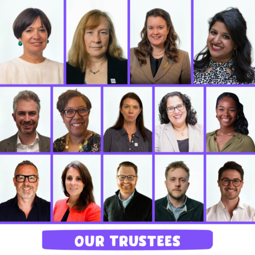 Photo of our trustees - Jo Shanmugalingam, Sonia Phippard, Dr Catherine Blair, Amrita Devaiah, Jerome Glass CB, Lorraine Jackson, Angela MacDonald, Mel Nebhrajani CB, Hannah Riley, Michael Smith, Anne Spinali, Alban Stowe, Luke Treadwell, Oak Watson